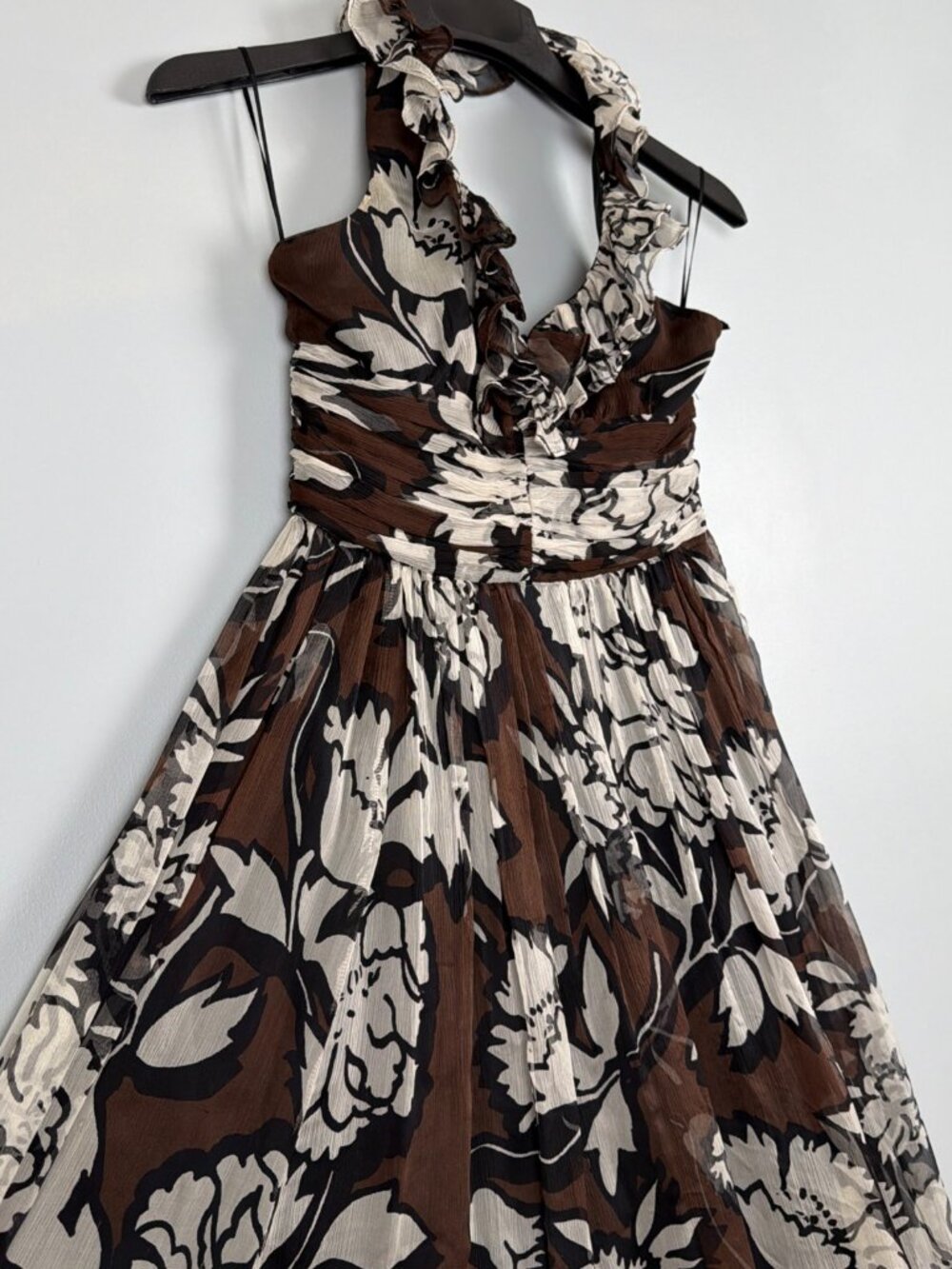 Zara Dress Womens S Brown Floral 100% Silk Halter Y2K Ruffle Wedding Guest Retro - Picture 2 of 8